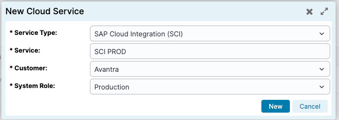 New Cloud Service Dialog