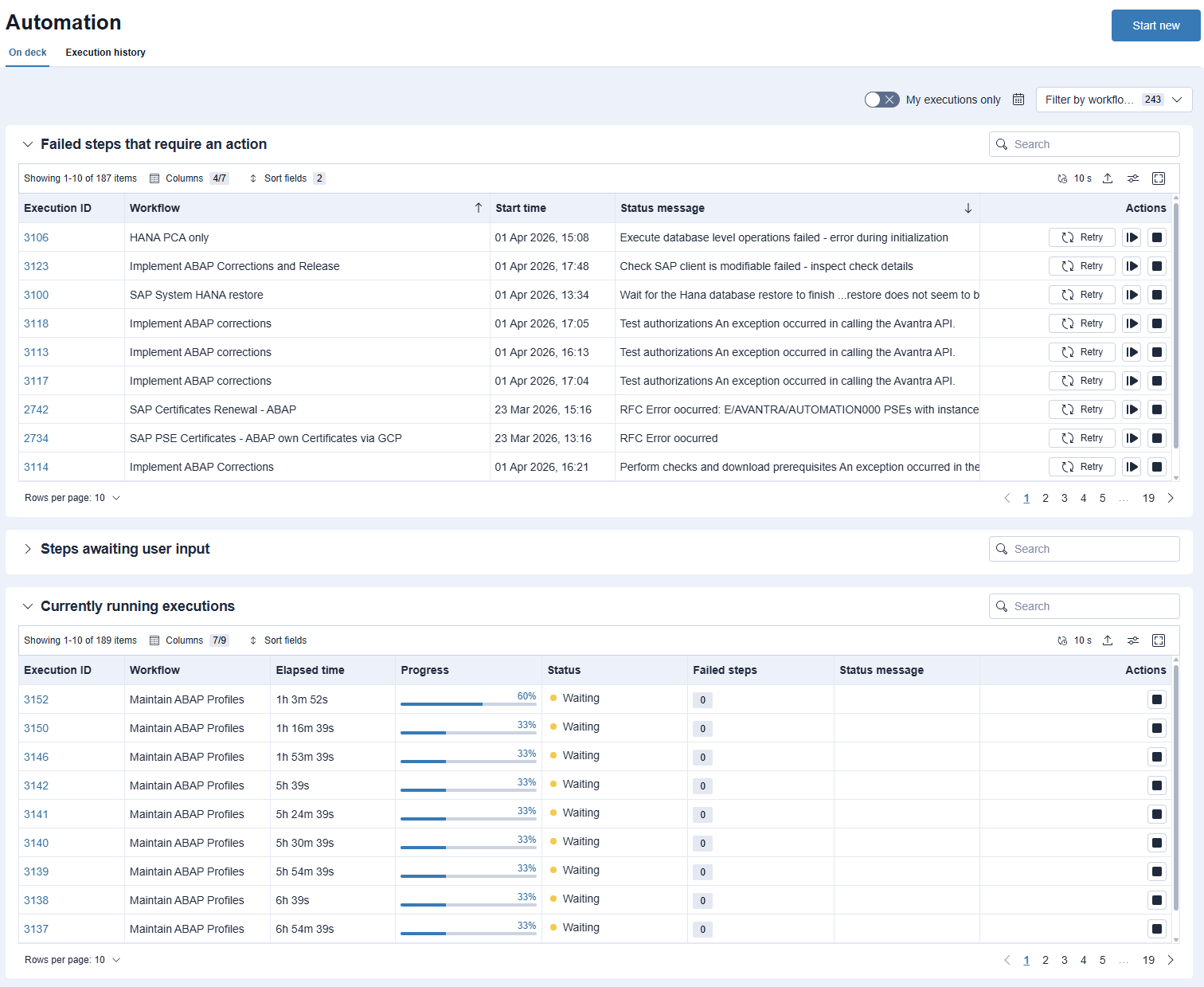 Automation Runner in the New UI showing workflow execution history and details