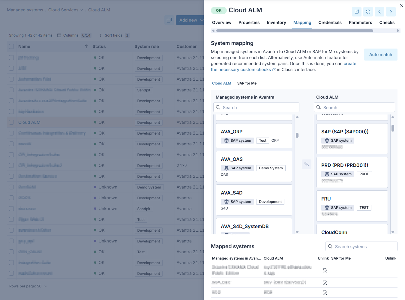 SAP Cloud ALM system in Avantra showing mappings