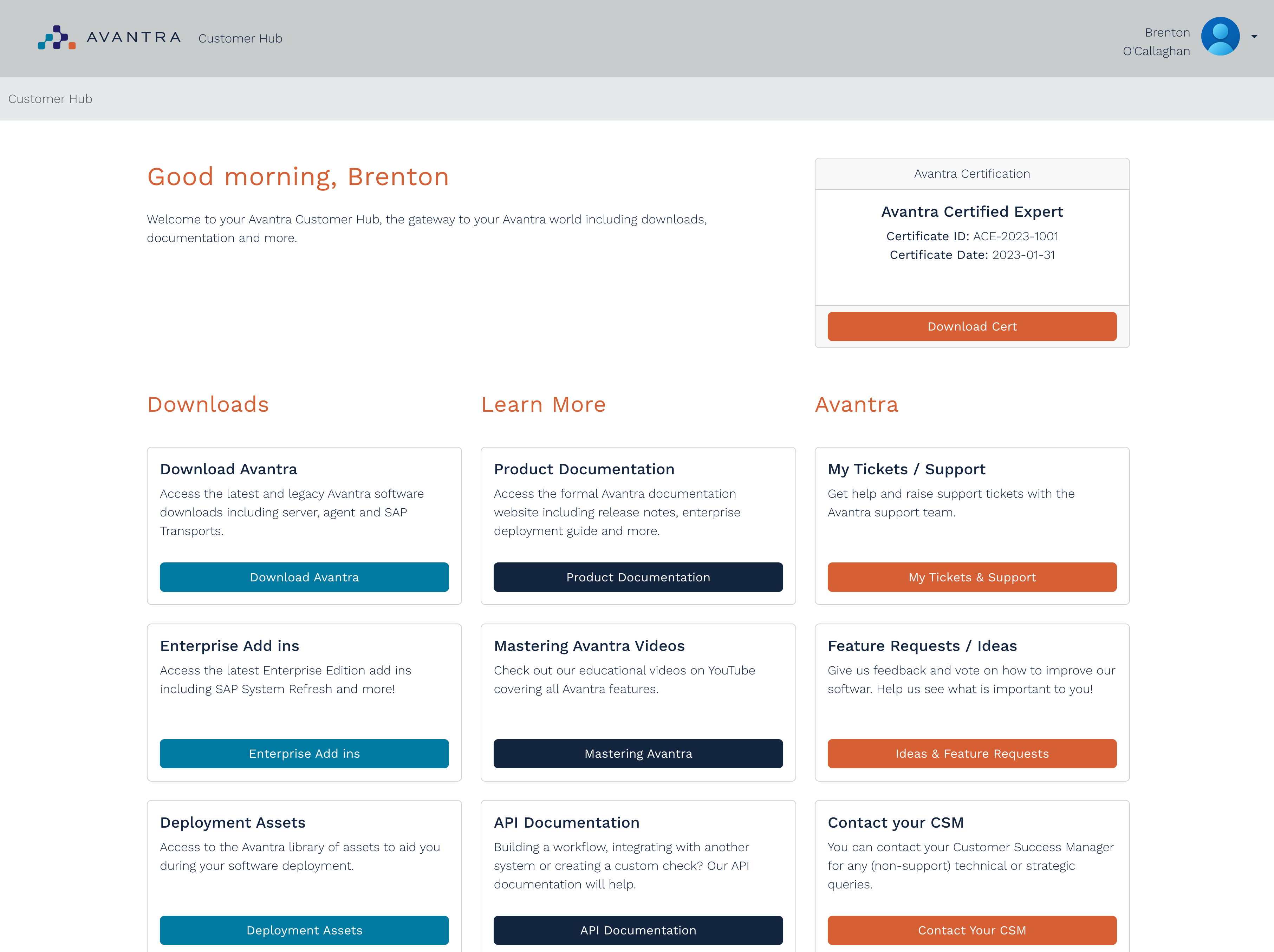 An image of what the Avantra Customer Hub looks like when you are logged in.