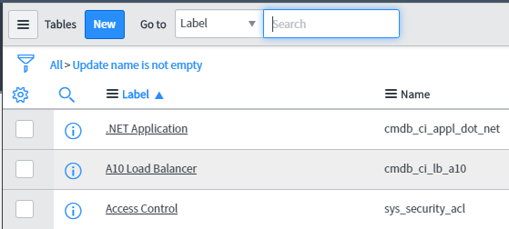 servicenow select tables