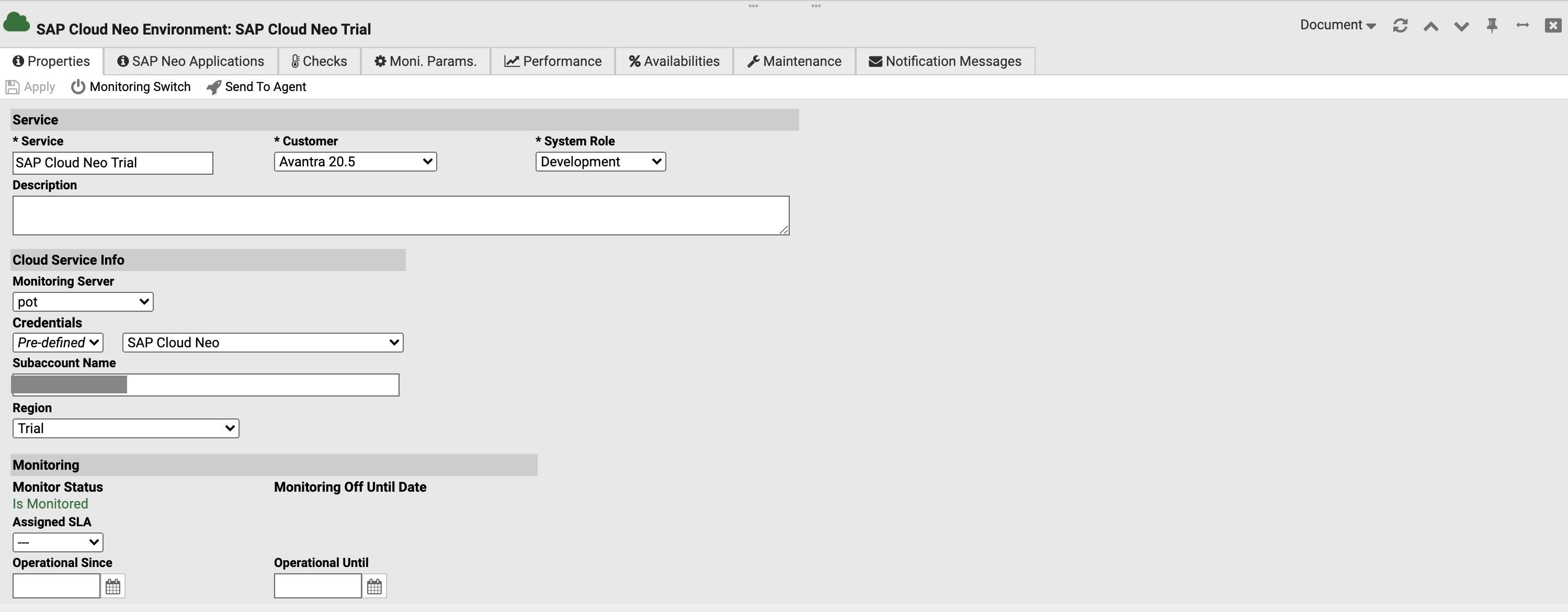 Avantra: Cloud Service Properties