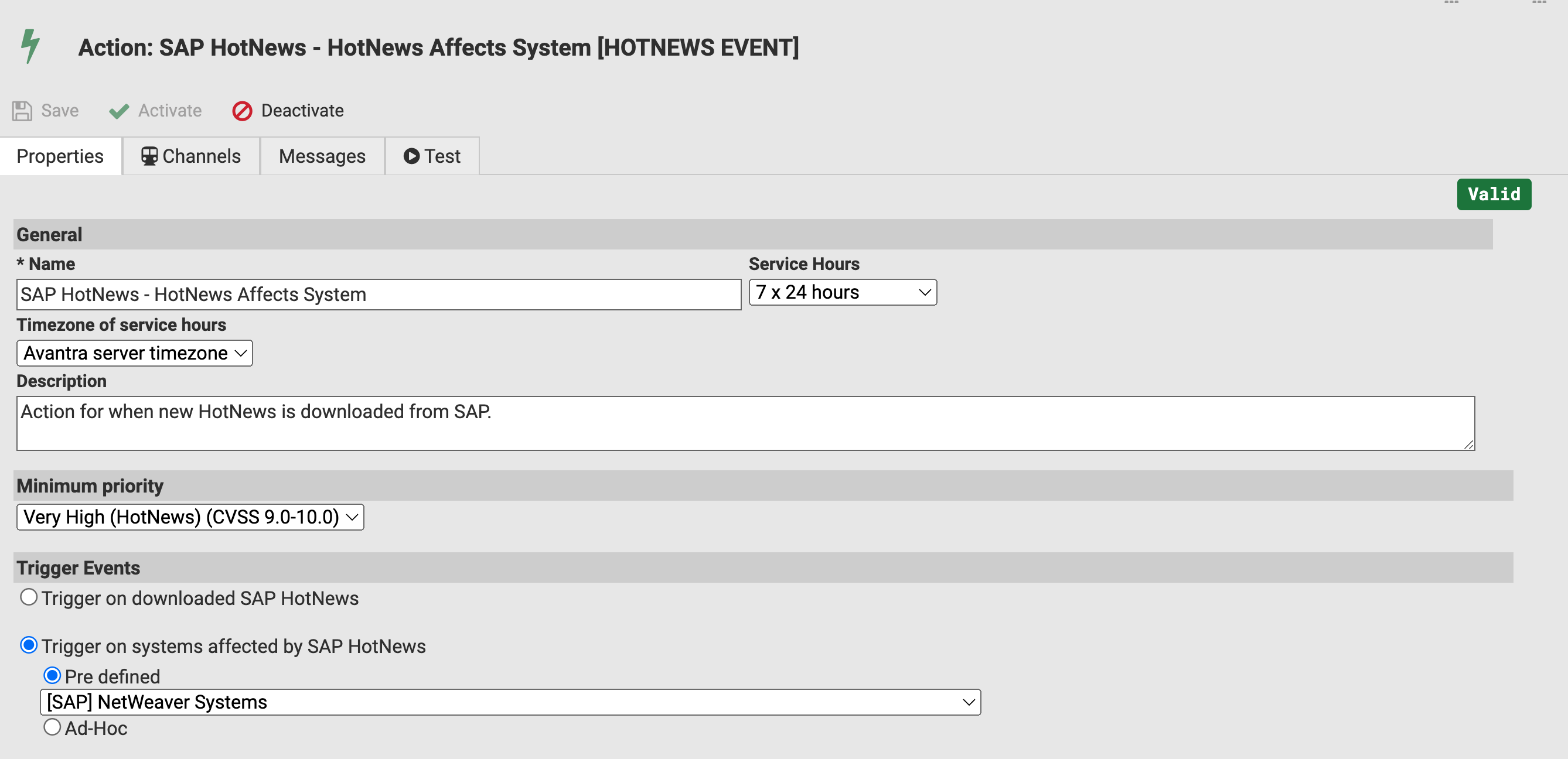 How the Avantra notification action should be set up to alert for when HotNews affects a system