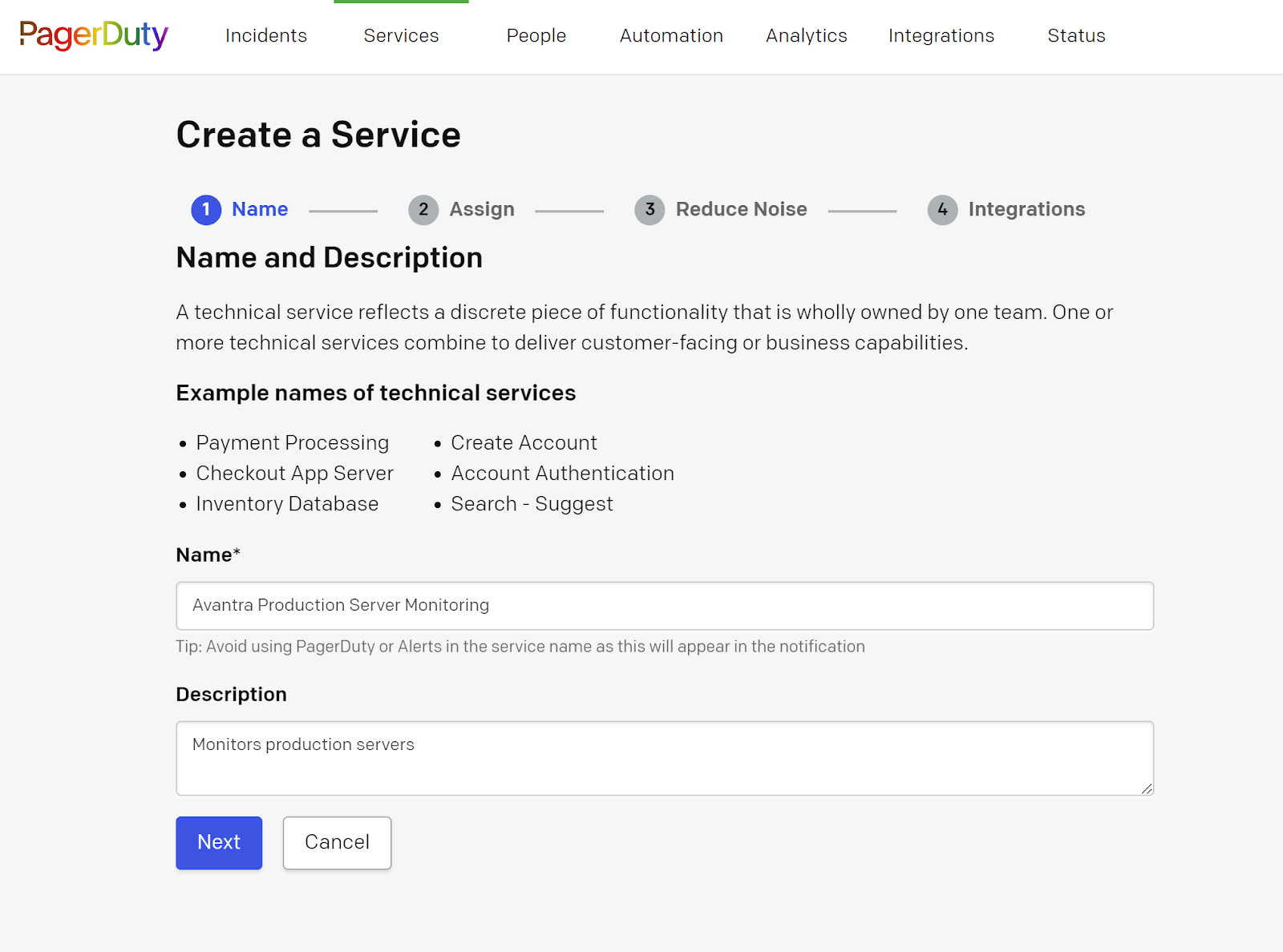 PagerDuty Create a Service