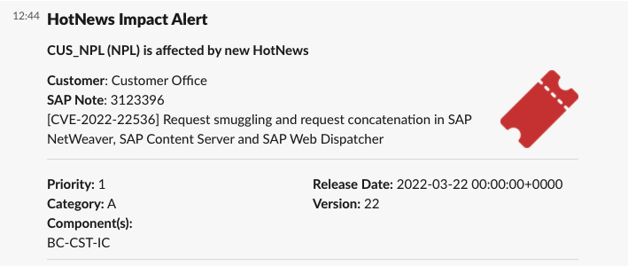 An example of a Slack notification from Avantra showing that an SAP System is affected by new HotNews