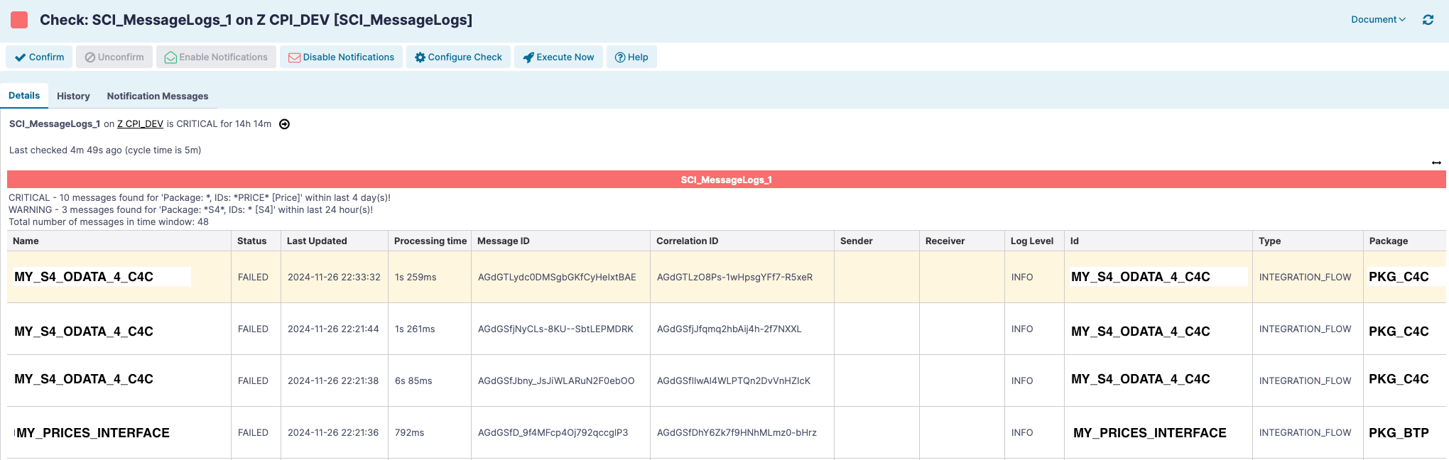 Example check configuration results